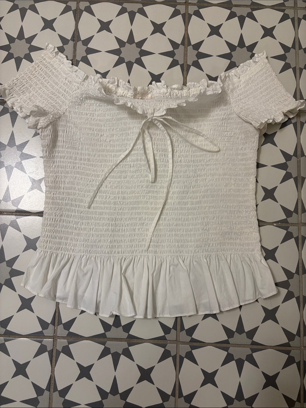 Rebecca Taylor White Off-Shoulder Smocked Ruffle Top